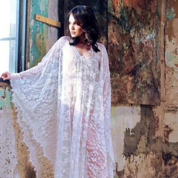 Sheer Sexy Black Lace Caftan Long Maxi Coverup Lingerie Dress Gothic Gown Kaftan - Picture 16 of 16